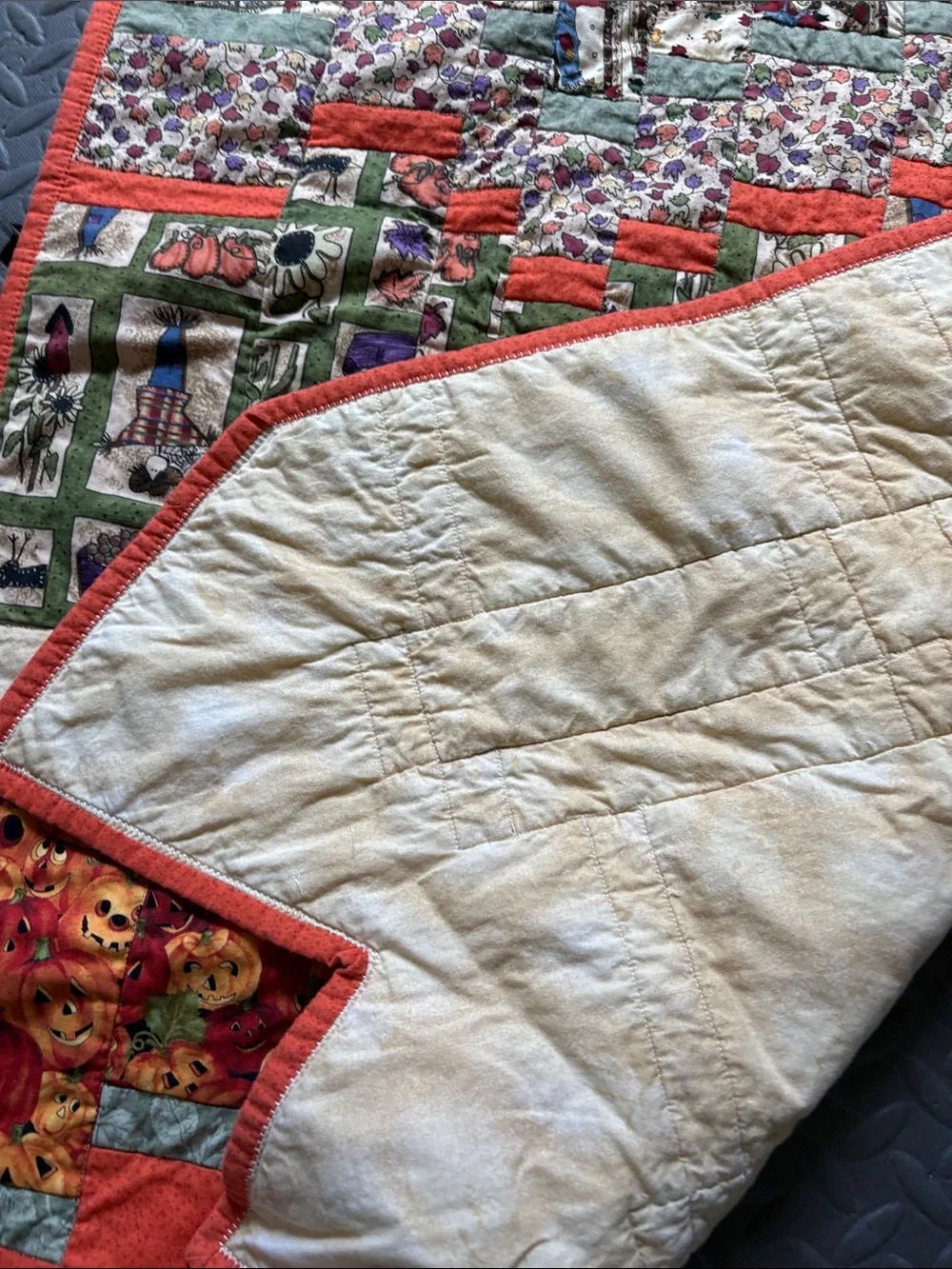Handmade Orange Pumpkin Patch Quilted Wall Hanging/ Table Runner